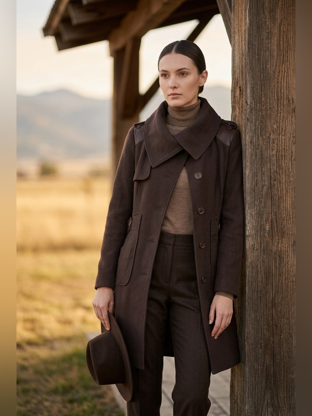 Vintage Mackage Wool Leather Trim Heavy Duty Long Coat Dark Brown Womens Size M